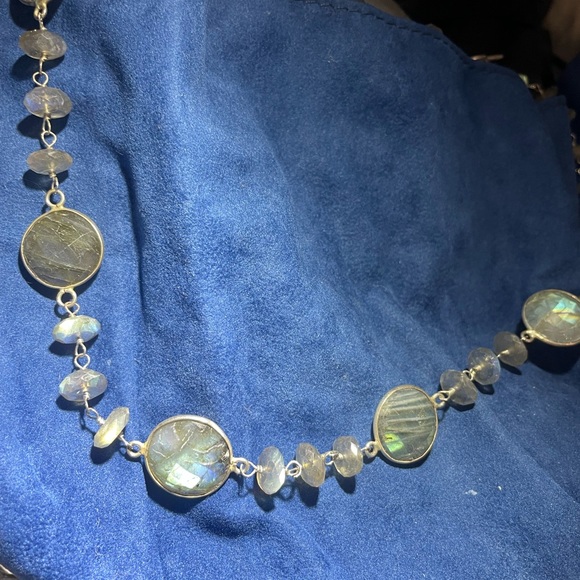36” sterling handmade necklace with round and disk shaped faceted labradorite. - Picture 11 of 12
